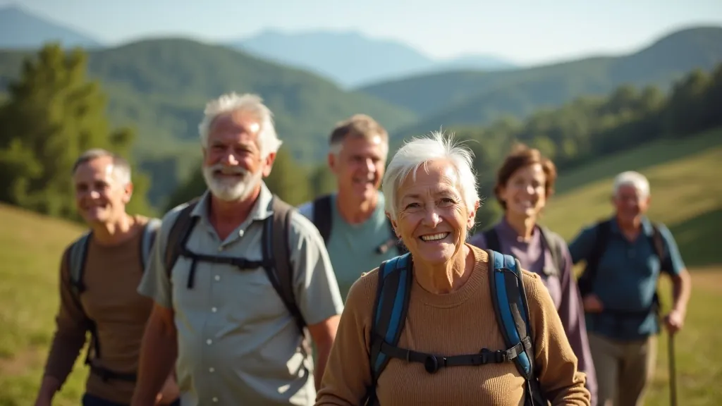 Grupu senioru dalībnieki smaidošos laikainos apstākļos uz maršruta