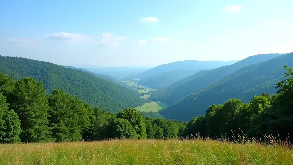 Panorāma skats no kalna virsotnes ar tālu ainavas telpumu