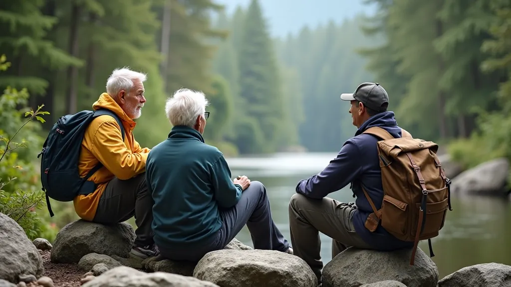 Senioru pārgājiena grupa atpūšas uz meža klints, baudot skatus uz ūdeni tālumā